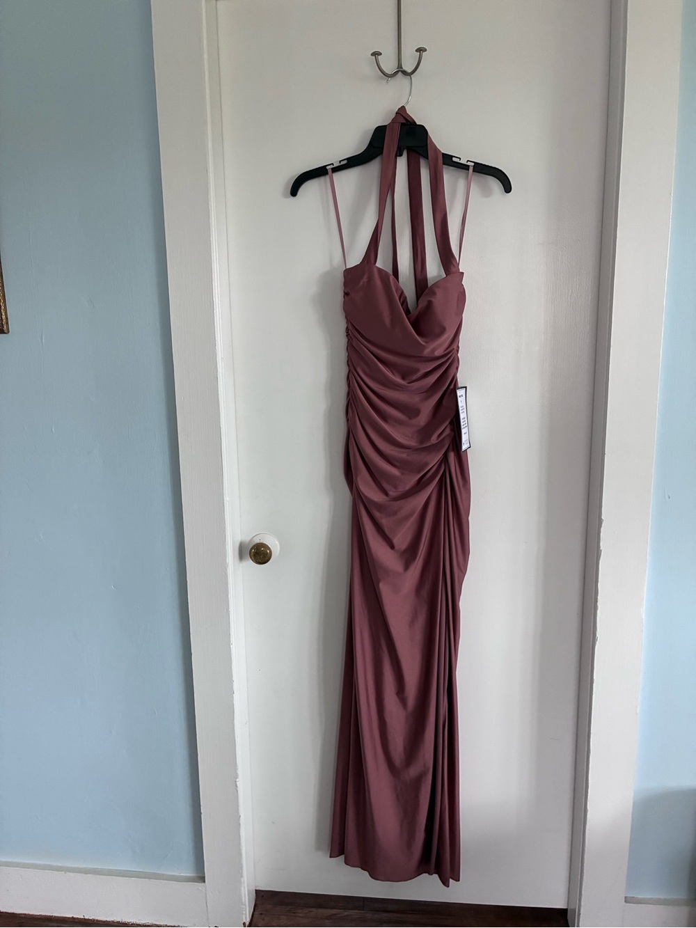 Macy's Rose Mauve Halter Ruched Maxi Dress